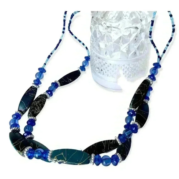 Blue Beaded Necklace Multi Strand Green Faceted 24" - Picture 2 of 8
